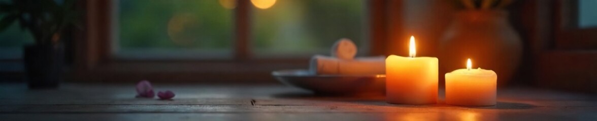 Serene candlelight illuminates a tranquil space, soft shadows creating a calming atmosphere perfect for relaxation and meditation Ideal for spa, wellness, and yoga themes , wax, room, yoga
