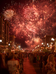 Vibrant fireworks illuminate the night sky over a festive gathering in town