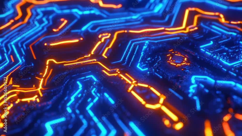 Poster A close-up view of a circuit board with bright neon lights, great for tech-related designs or futuristic concepts