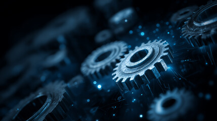 Technological engineering concept with mechanical gears representing industry and innovation in a dark environment