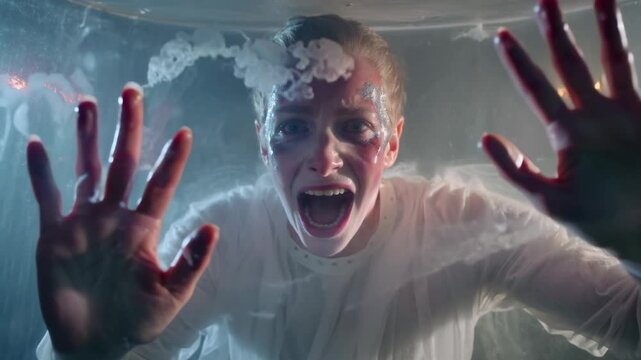 Horror Expression with Hands and Face Pressed on Fogged Glass