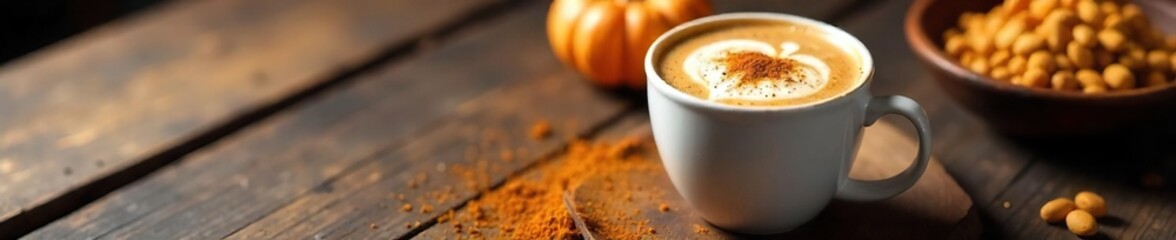 A steaming mug of pumpkin spice latte art sits beside a bowl of pumpkin seeds and a sprinkle of cinnamon, all on a rustic wooden table , creamy, coffee, pumpkin