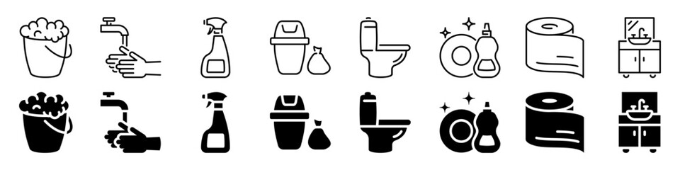 Bathroom cleaning and sanitation icon set. Linear and silhouette style.