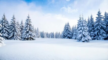 Serene winter landscape with snow-covered fir trees and a clear blue sky, creating a peaceful and inviting scene - Powered by Adobe