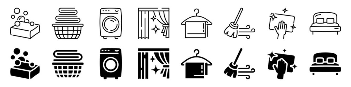 Laundry and home cleaning icon set. Linear and silhouette style.