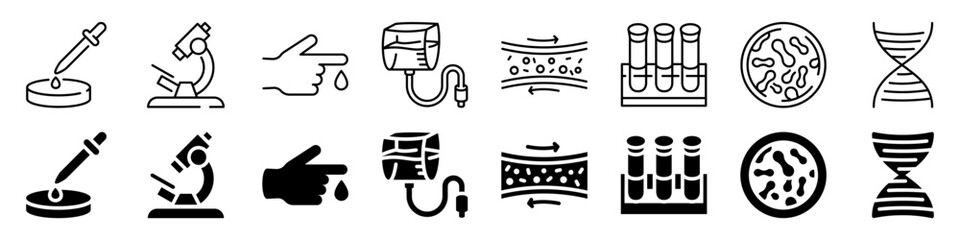 Medical laboratory and research icon set. Linear and silhouette style.