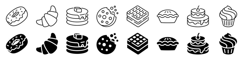 Dessert and pastry icon set. Linear and silhouette style.