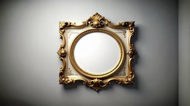 Elegant oval picture frame with golden ornate details against a smooth neutral gray wall creates a formal yet minimal aesthetic backdrop.