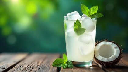 Refreshing coconut water in a chilled glass, condensation dripping down the side, ice cubes melting slowly Perfect for summer thirst quenching , cold, vitamin