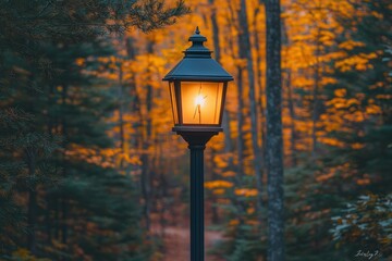 Naklejka premium Autumnal lantern in forest path