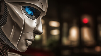 This close-up portrait showcases a female-like robot with realistic skin on her face and head, created by ai