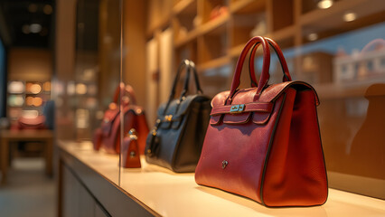 Luxury handbag display. Handbags catching the light. Ultra-realistic luxury store showcase. Designer handbags on display.
