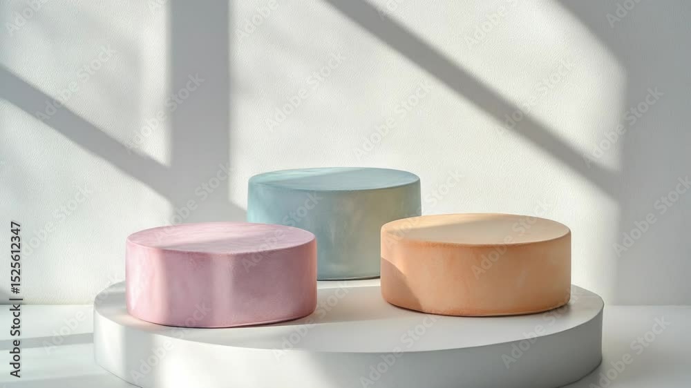Poster three colorful stools arranged neatly on a white surface, perfect for photography or graphic design 