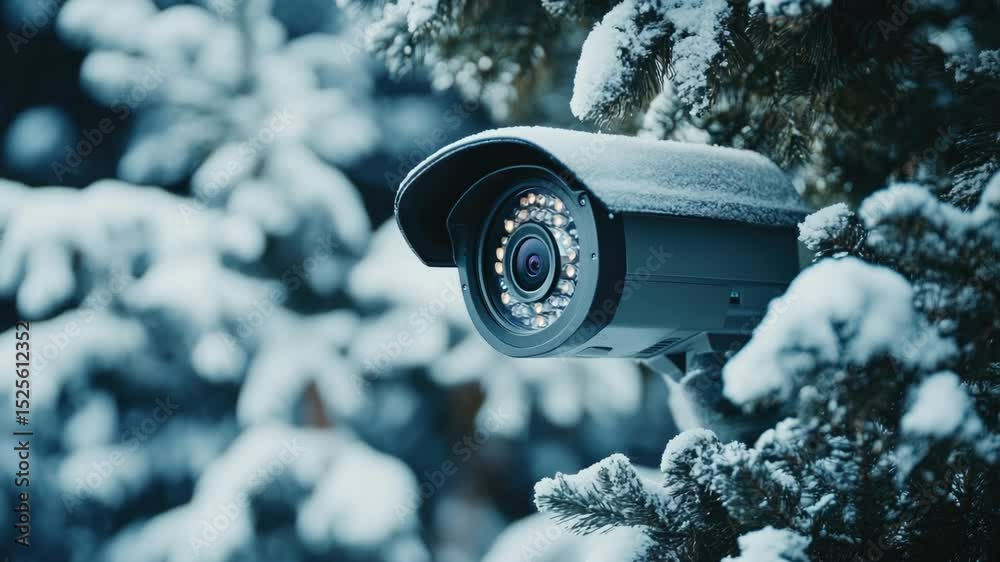 Poster A security camera installed on a tree branch in a snowy environment