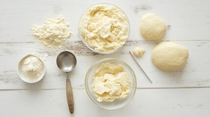 Overhead view of baking ingredients on a white wooden surface with dough and cream cheese in bowls