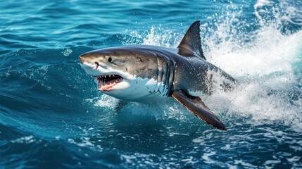 Naklejka premium Majestic Great White Shark Leaping from the Ocean Waves