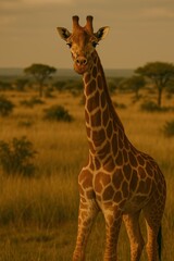 Obraz premium A majestic giraffe standing tall in the vast savannah, surrounded by golden grasslands under a bright sky. Its long neck and patterned coat blend beautifully into the serene African wilderness.