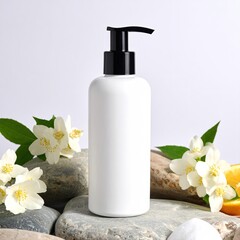 A mockup of a white bottle with a black pump, standing on rocks and flowers