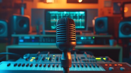 A microphone in a recording studio with a keyboard and speakers in the background in blue and orange light