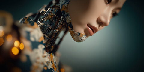 This close-up portrait showcases a female-like robot with realistic skin on her face and head, created by ai