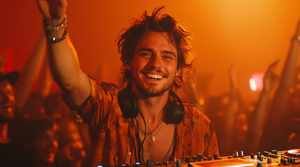 Hyper-realistic 3D render of DJ raising one hand in the air, crowd hype pose, detailed equipment, white background