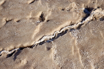 Salty crust and cracked earth define the surface of the Dead Sea, showcasing its distinctive geological features under the sun in Jordan's striking environment