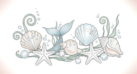 Romantic line art illustrations of enchanted seaside treasures. Hand-drawn seashells, starfish, pearls, and delicate seaweed swirls adorned with tiny mermaid scales and bubbles