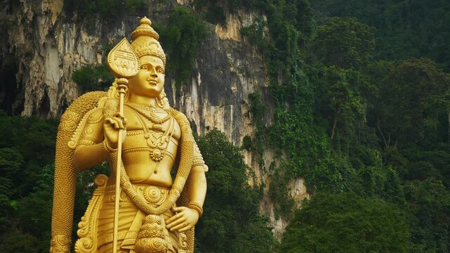 day time kuala lumpur area tourist famous mountain temple golden monument slow motion panorama 4k malaysia