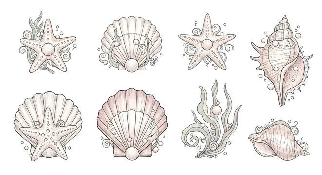 Romantic line art illustrations of enchanted seaside treasures. Hand-drawn seashells, starfish, pearls, and delicate seaweed swirls adorned with tiny mermaid scales and bubbles