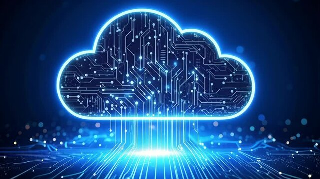 Luminous digital cloud connecting to a network of circuits in a bright, data-driven environment, showcasing modern technology.