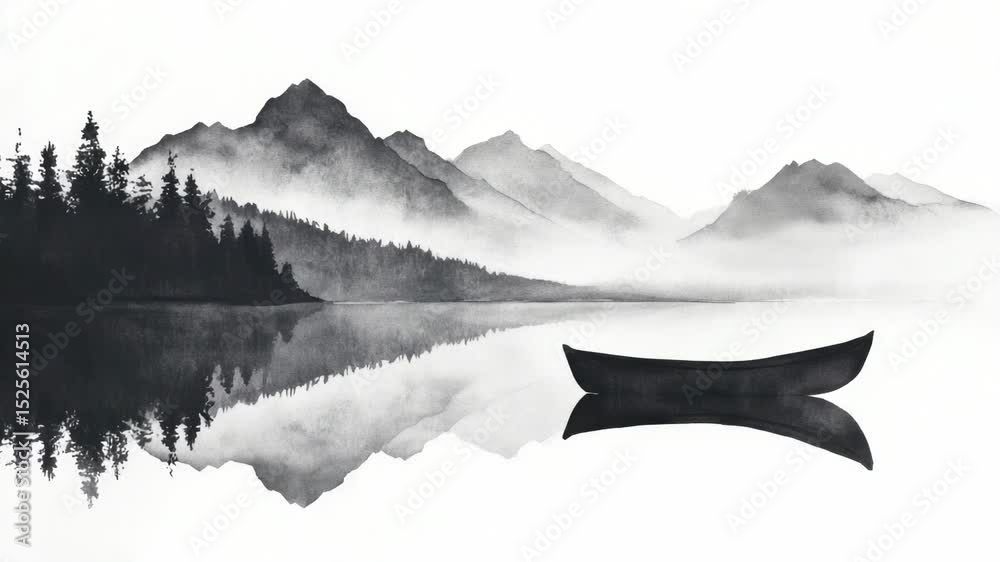 Aufkleber a black and white photo of a boat floating on the surface of a serene lake