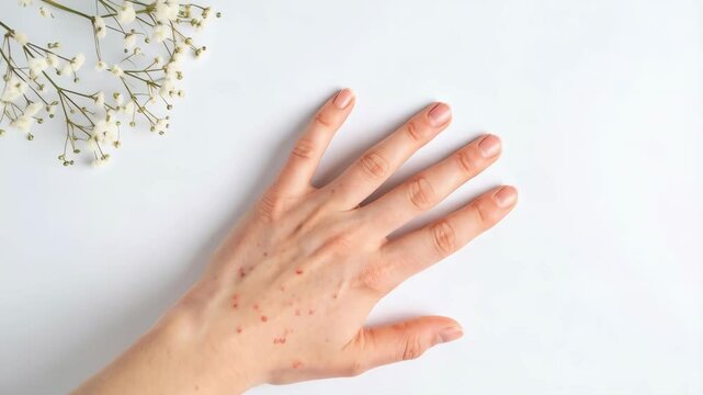 Hand displaying symptoms of rash with small red spots positioned against a clean white background featuring baby's breath bouquet