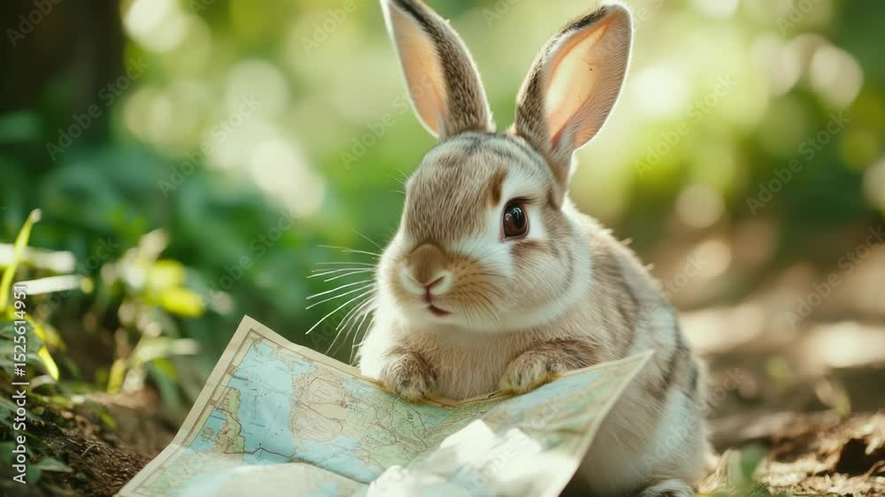Poster a rabbit sits next to a map, great for illustrations and stories about adventure and exploration