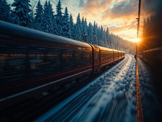 Winter Train Journey Through Forest at Dawn