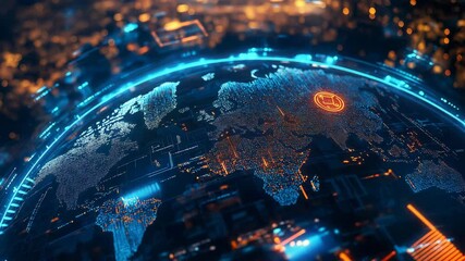 Futuristic digital map of Earth with glowing tech elements for corporate video background - Powered by Adobe