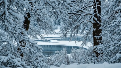 Winter Wonderland: Snowy Trees Encircle Frozen Pond