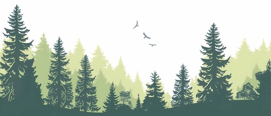 Fototapeta premium Watercolor Evergreen Forest Banner – Misty Pines Landscape for Relaxation and Meditation