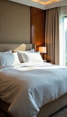 Luxurious hotel-style bed, crisp white linens, plush pillows, soft blankets, perfect for a relaxing night's sleep Ideal for travel, hospitality, and home decor websites , morning, hospitality