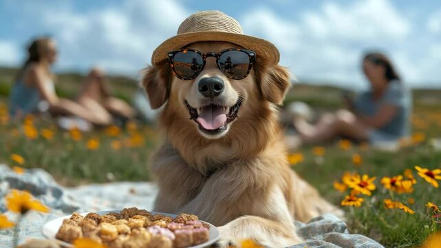 Smiling golden retriever in sunglasses and straw hat at summer picnic with people blurred in background and copy space on the right for outdoor lifestyle content