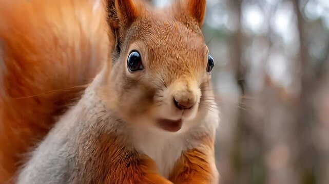 A fluffy red squirrel eats intently holding its paws together against a blurred woodland background creating a charming wildlife moment