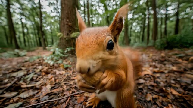 A curious squirrel stands alert in a woodland setting its tiny paws visible on a bed of autumn leaves