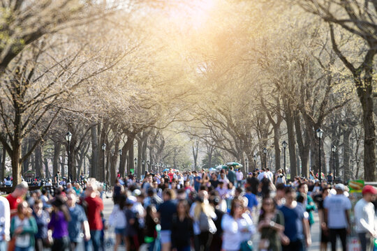 Colorful crowd of people casually walking in Central Park, New York City
