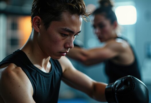 Focused young woman boxing with a trainer in a gym setting