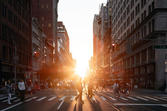 Busy intersection is crowded with people and traffic on 5th Avenue and 23rd Street in New York City with sunlight shining between the background buildings