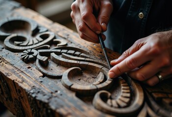 Skilled artisan carves intricate patterns into wood using traditional tools