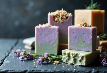 Assorted handmade soap bars with floral accents and natural ingredients on a dark surface