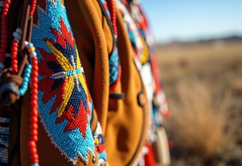 Colorful traditional beadwork adorns a garment worn by a person in an outdoor setting