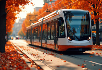 Modern tram moving through a scenic autumn landscape with vibrant orange leaves