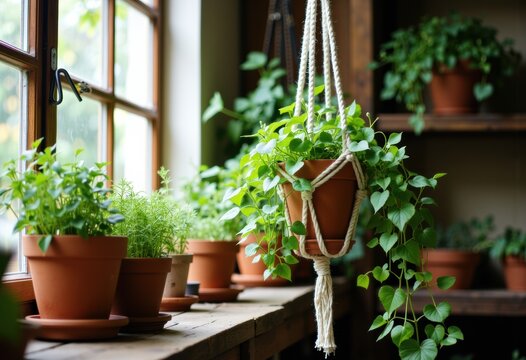 Lush green plants in terracotta pots hanging by a window - Powered by Adobe