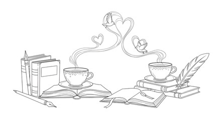 Delicate line art illustrations of cozy reading magic. Hand-drawn open books (vintage sepia pages), steaming teacups (translucent porcelain white), quill pens (raven black)